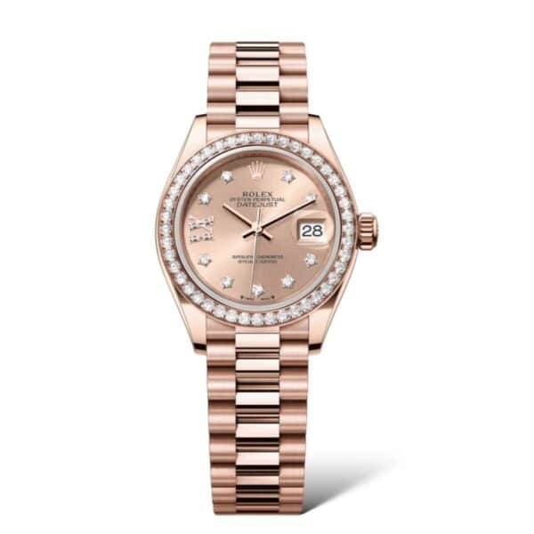 Rolex Lady Datejust 28mm 279135RBR Everose Gold President Bracelet Diamonds Bezel Rosé-Colour Dial