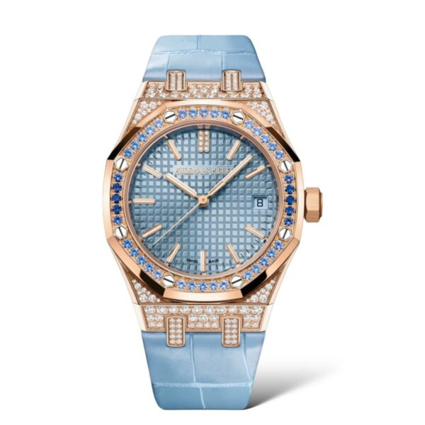 Audemars Piguet Royal Oak 37mm 15551OR.ZS.D344CR.01 Blue Dial Sapphires Set Bezel Alligator Straps