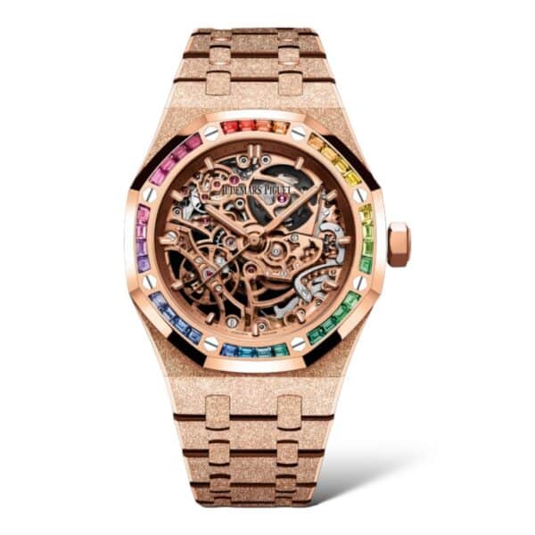 Audemars Piguet Royal Oak Frosted 37mm 15468OR.YG.1259OR.01-B Rose Gold Openworked Dial Rainbow Diamonds Set Bezel