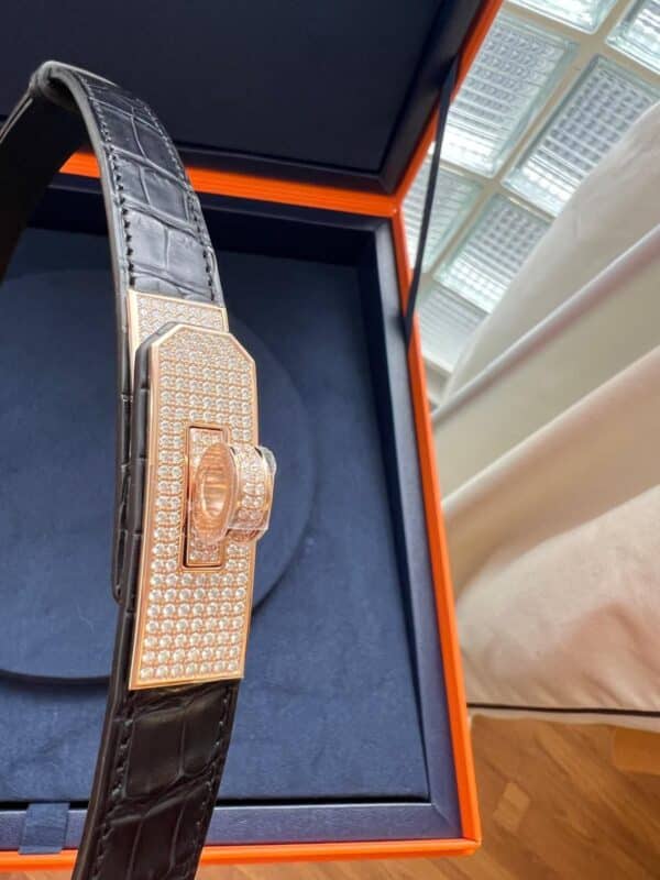 Hermes Kelly Belt 18k Diamond Black Croco RGHW - Image 5