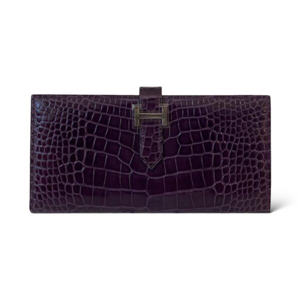 Hermes Bearn Amethyst Shiny Crocodile Wallet PHW