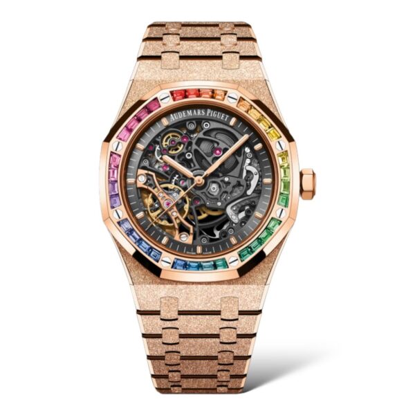 Audemars Piguet Royal Oak Frosted 41mm 15412OR.YG.1224OR.01-B Rose Gold Grey Openworked Dial Rainbow Diamonds Set Bezel