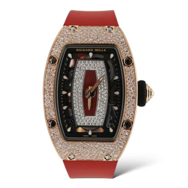 Richard Mille 07-01 45.66mmx 31.40mm Rose Gold Factory Snow Diamonds Settings Red Rubber Strap
