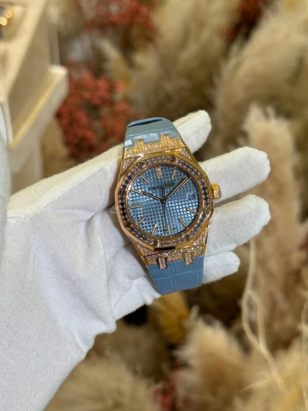 Audemars Piguet Royal Oak 37mm 15551OR.ZS.D344CR.01 Blue Dial Sapphires Set Bezel Alligator Straps - Image 2