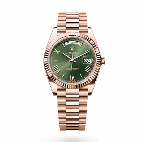 Rolex Day-Date 40mm 228235 Everose Gold Olive Green Dial Fluted Bezel President Bracelet